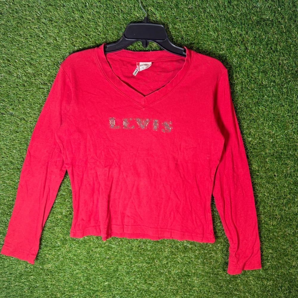 VTG Levi Strauss Red Tab Long Sleeve V Neck Tee Shirt Sparkle Logo Women's Small